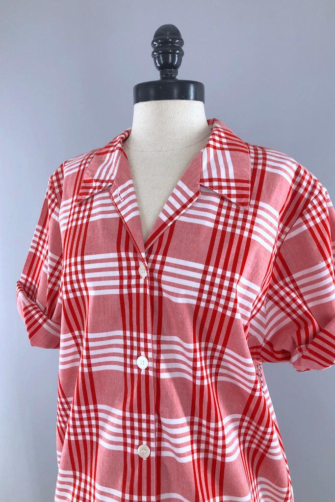 Vintage 80s Red Plaid Summer Shirt-ThisBlueBird