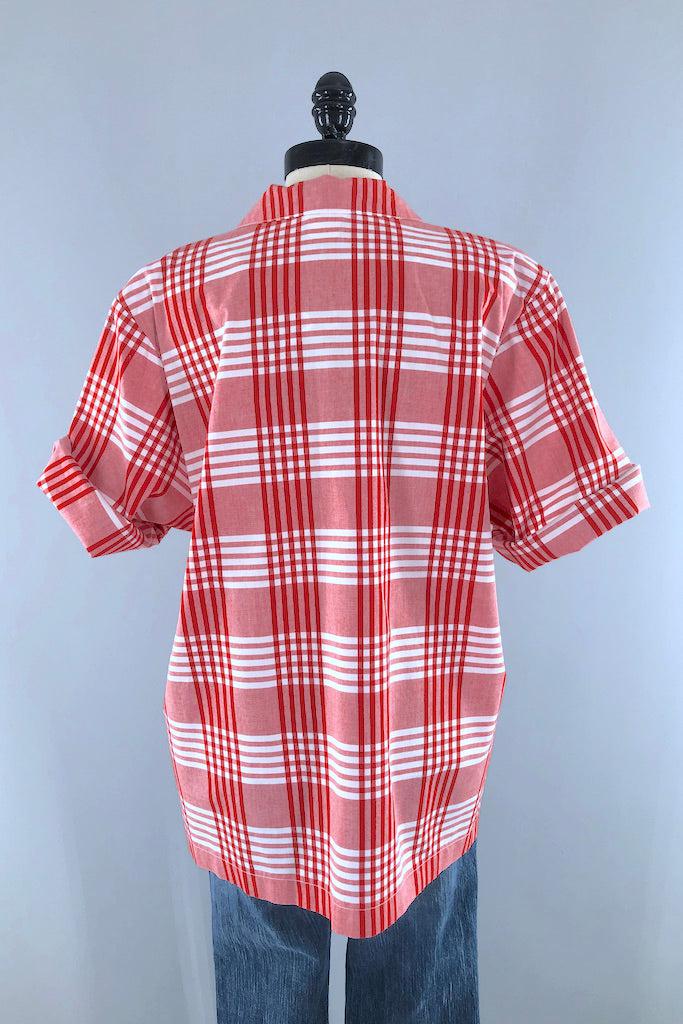Vintage 80s Red Plaid Summer Shirt-ThisBlueBird
