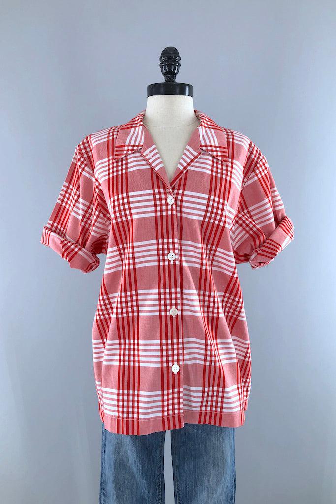 Vintage 80s Red Plaid Summer Shirt-ThisBlueBird
