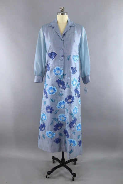 Vintage 1960s Alfred Shaheen Blue Floral Print Maxi Dress - ThisBlueBird