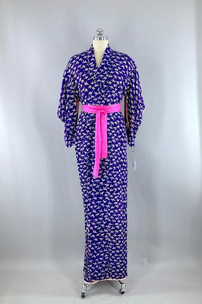 Vintage Antique Purple Cranes Silk Kimono Robe-ThisBlueBird