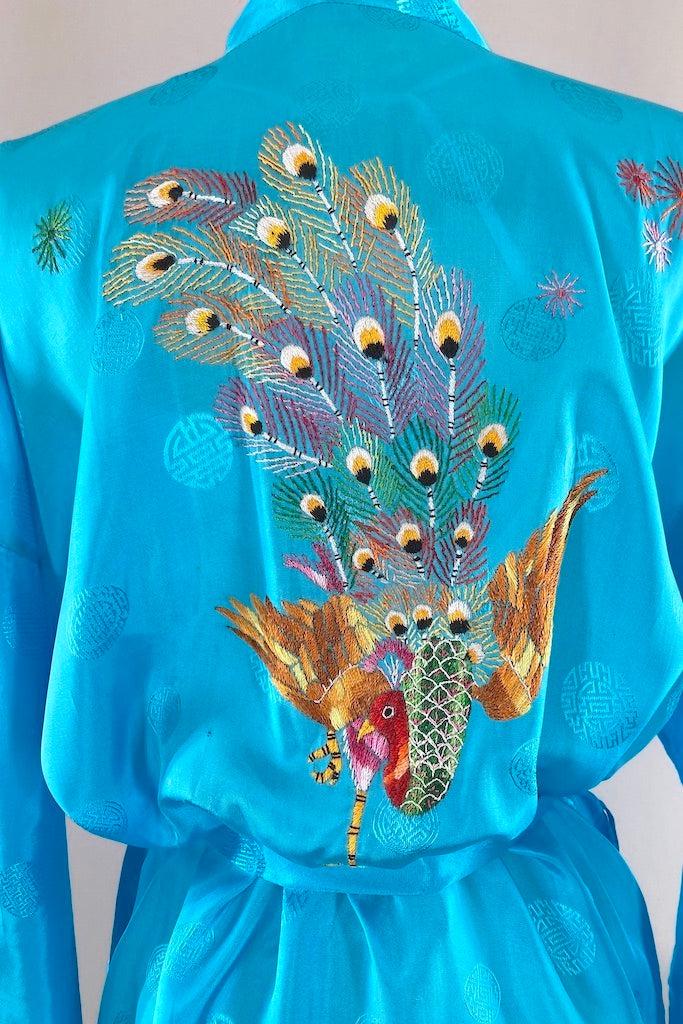Vintage Aqua Blue Embroidered Peacock Robe-ThisBlueBird