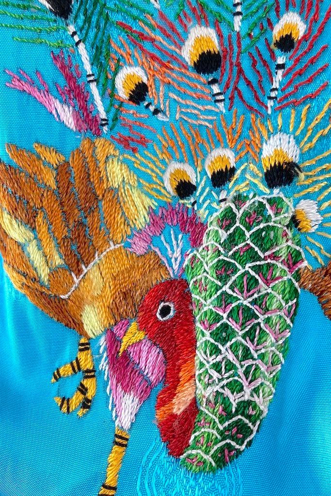 Vintage Aqua Blue Embroidered Peacock Robe-ThisBlueBird