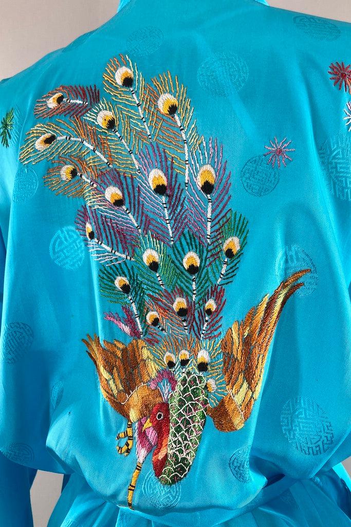 Vintage Aqua Blue Embroidered Peacock Robe-ThisBlueBird