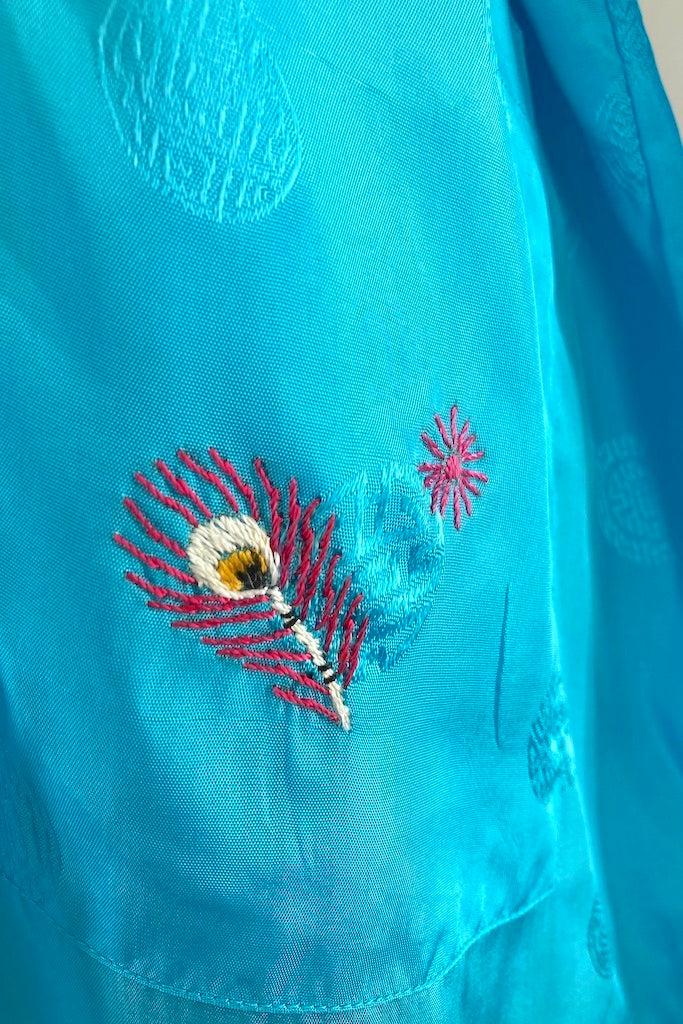 Vintage Aqua Blue Embroidered Peacock Robe-ThisBlueBird