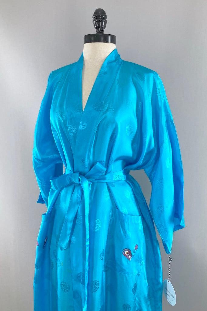 Vintage Aqua Blue Embroidered Peacock Robe-ThisBlueBird