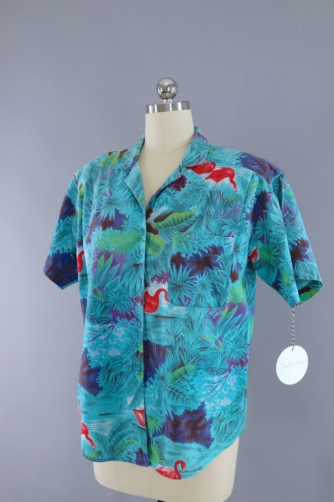 Vintage Tropical Shirt / Aqua Blue Flamingos Hawaiian Print-ThisBlueBird