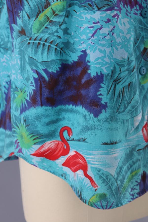 Vintage Tropical Shirt / Aqua Blue Flamingos Hawaiian Print - ThisBlueBird