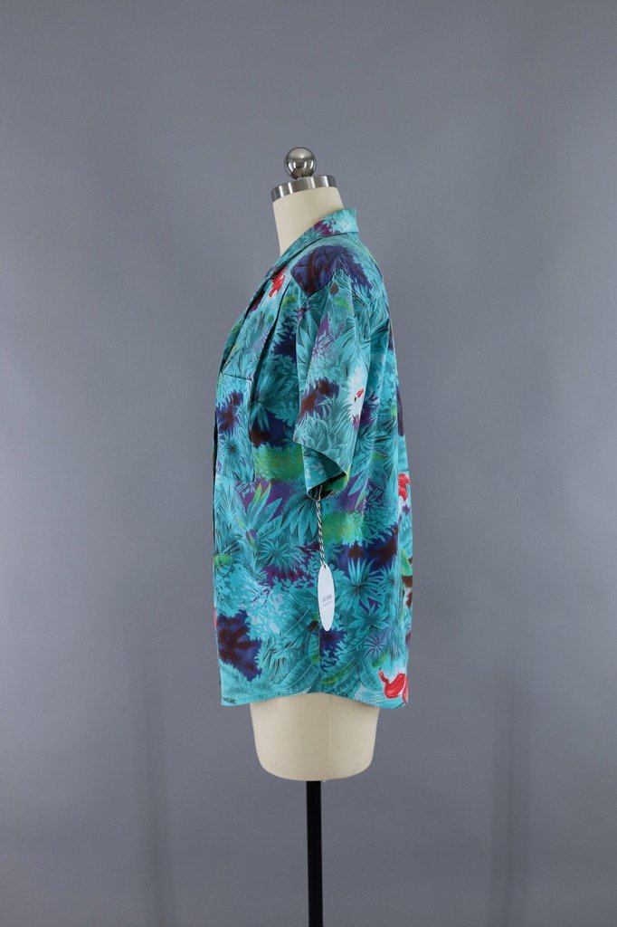 Vintage Tropical Shirt / Aqua Blue Flamingos Hawaiian Print - ThisBlueBird