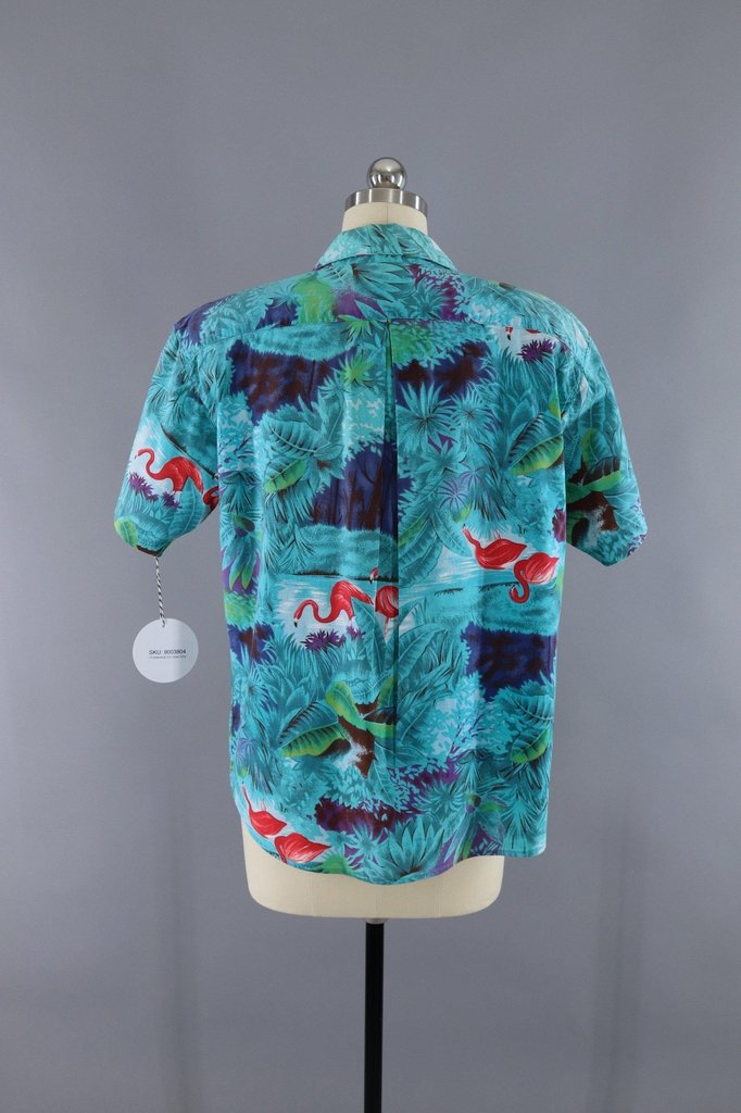 Vintage Tropical Shirt / Aqua Blue Flamingos Hawaiian Print - ThisBlueBird