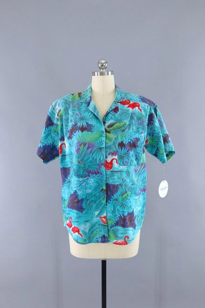 Vintage Tropical Shirt / Aqua Blue Flamingos Hawaiian Print-ThisBlueBird