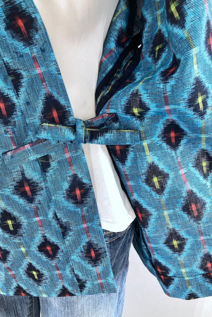 Vintage Aqua Blue Ikat Cotton Kimono Cardigan-ThisBlueBird