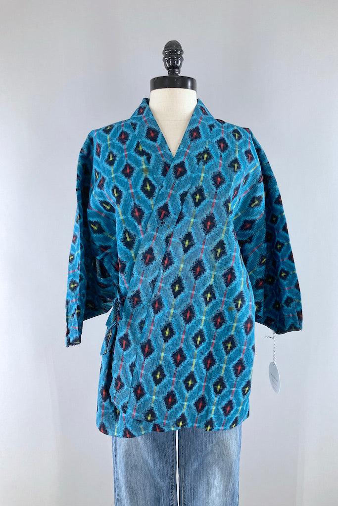 Vintage Aqua Blue Ikat Cotton Kimono Cardigan-ThisBlueBird