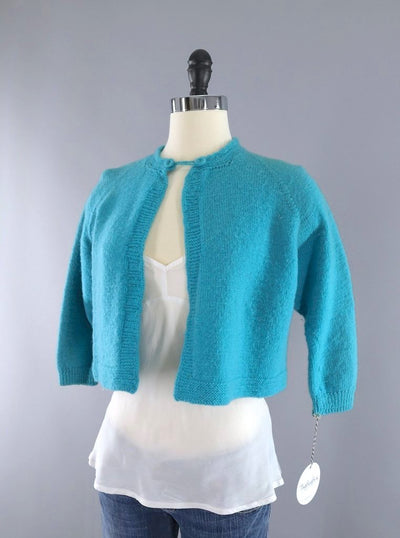 Vintage Aqua Blue Wool Cropped Cardigan Sweater-ThisBlueBird