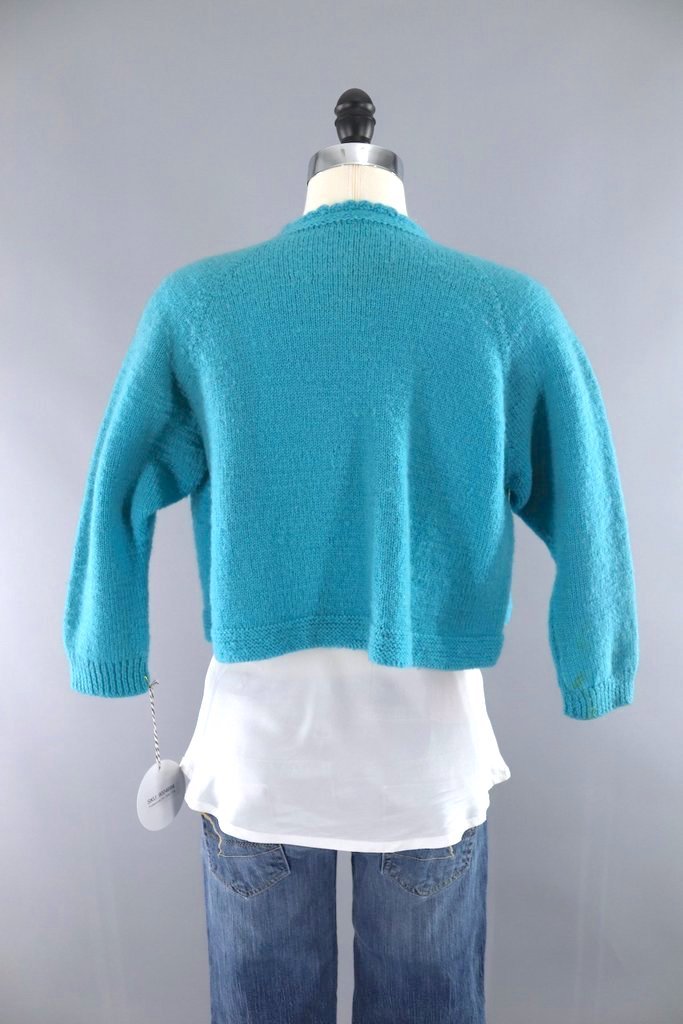 Vintage Aqua Blue Wool Cropped Cardigan Sweater-ThisBlueBird