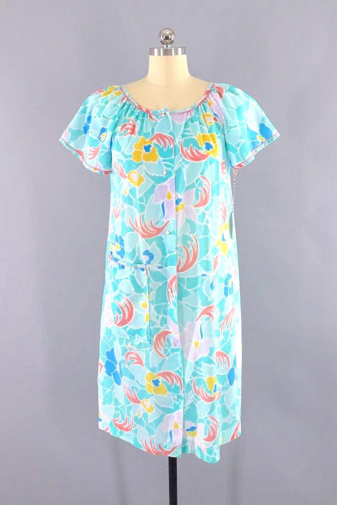 Vintage Aqua Floral House Dress-ThisBlueBird