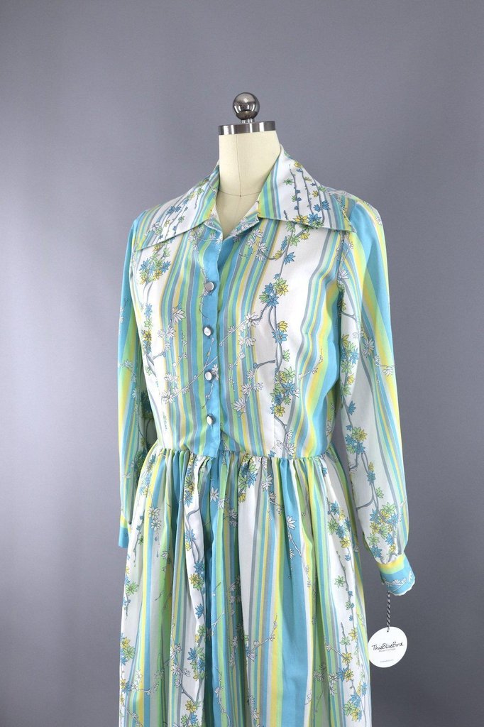Vintage 1970s Dress / Aqua and Green Striped Floral Print - ThisBlueBird