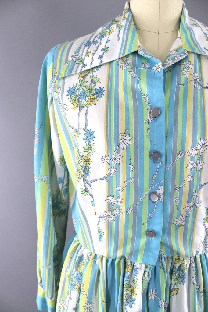 Vintage 1970s Dress / Aqua and Green Striped Floral Print - ThisBlueBird