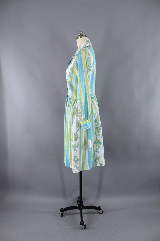 Vintage 1970s Dress / Aqua and Green Striped Floral Print - ThisBlueBird