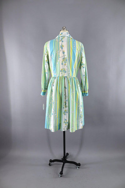 Vintage 1970s Dress / Aqua and Green Striped Floral Print - ThisBlueBird