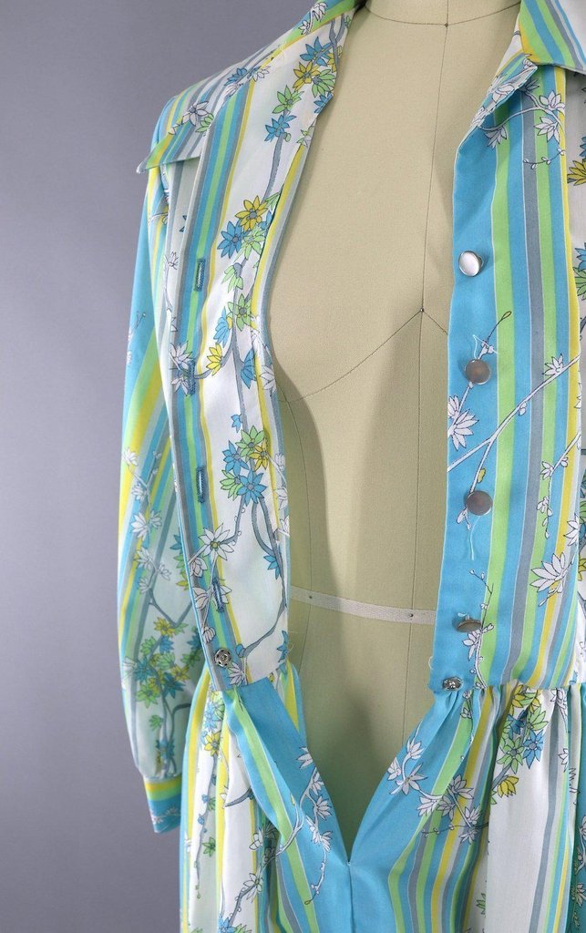 Vintage 1970s Dress / Aqua and Green Striped Floral Print - ThisBlueBird