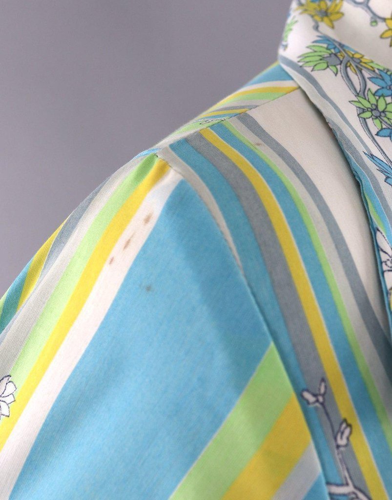 Vintage 1970s Dress / Aqua and Green Striped Floral Print - ThisBlueBird