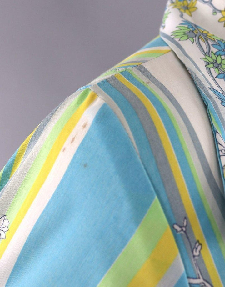 Vintage 1970s Dress / Aqua and Green Striped Floral Print - ThisBlueBird