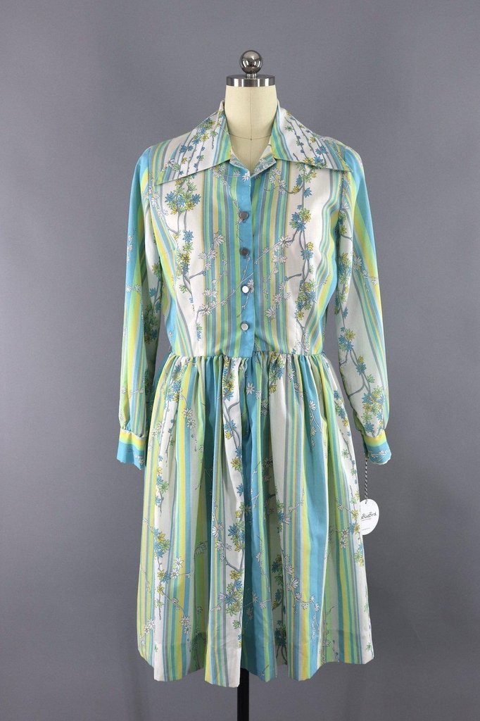 Vintage 1970s Dress / Aqua and Green Striped Floral Print - ThisBlueBird