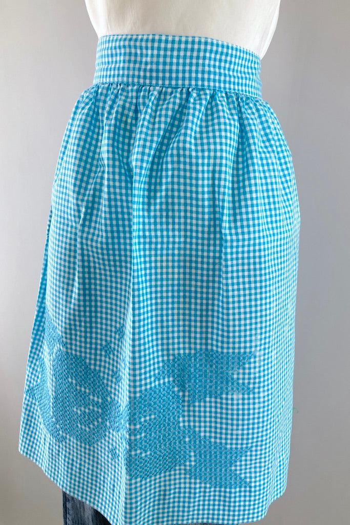 Vintage Aqua Gingham Cross-stitch Bow Half Apron-ThisBlueBird