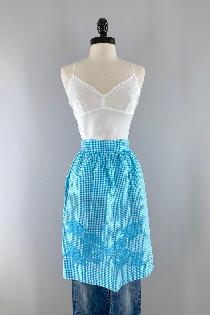 Vintage Aqua Gingham Cross-stitch Bow Half Apron-ThisBlueBird