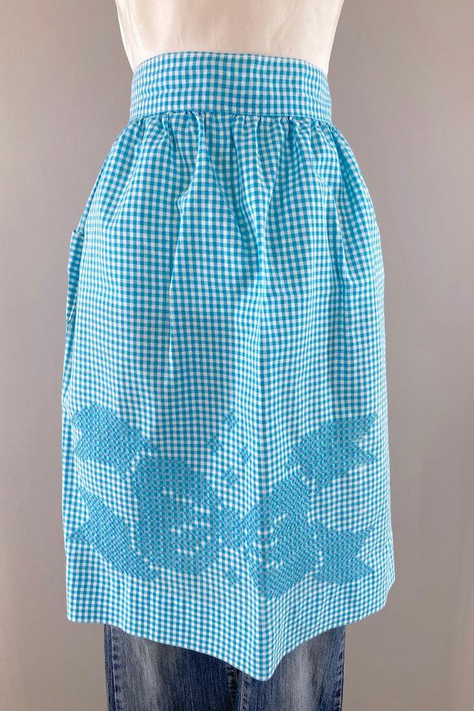 Vintage Aqua Gingham Cross-stitch Bow Half Apron-ThisBlueBird