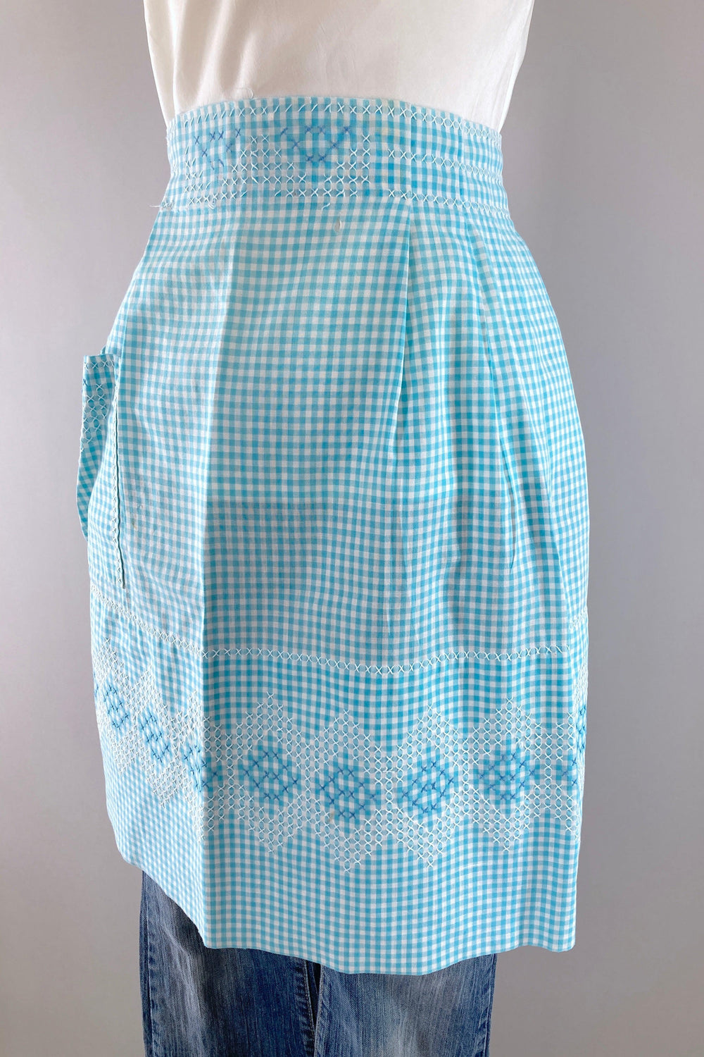 Vintage Aqua Gingham Half Apron-ThisBlueBird
