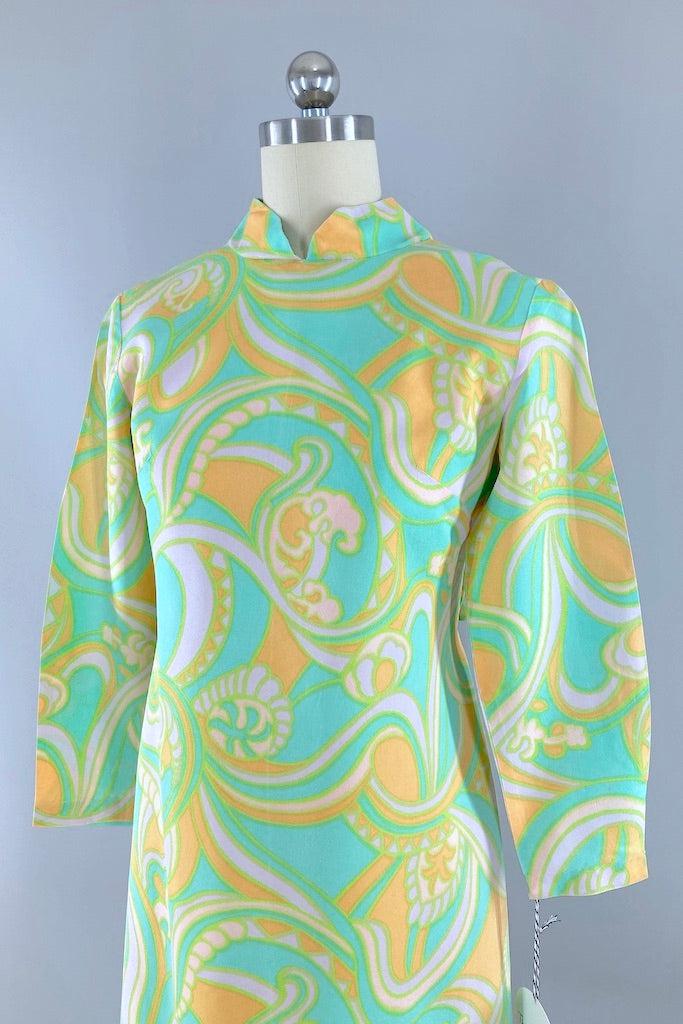 Vintage Aqua Mod Paisley Print Mini Dress-ThisBlueBird