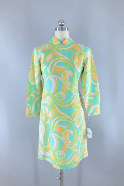 Vintage Aqua Mod Paisley Print Mini Dress-ThisBlueBird