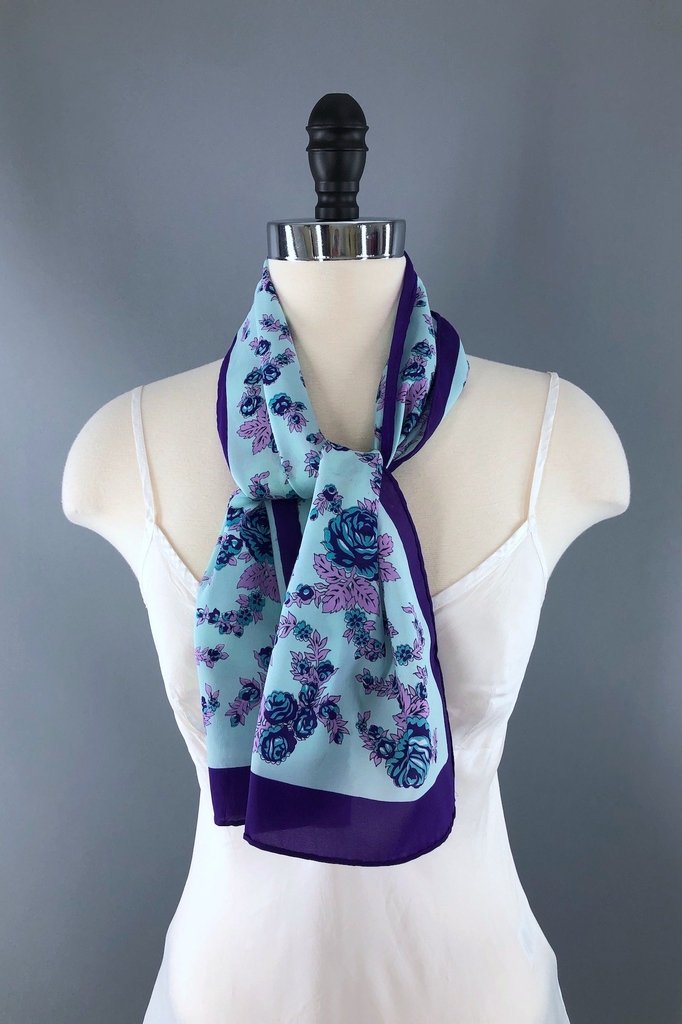 Vintage Aqua &amp; Purple Floral Print Scarf-ThisBlueBird - Modern Vintage