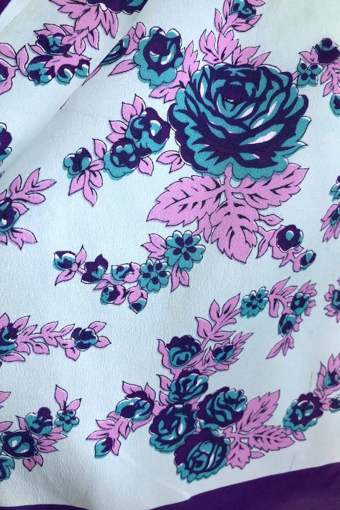 Vintage Aqua &amp; Purple Floral Print Scarf-ThisBlueBird - Modern Vintage
