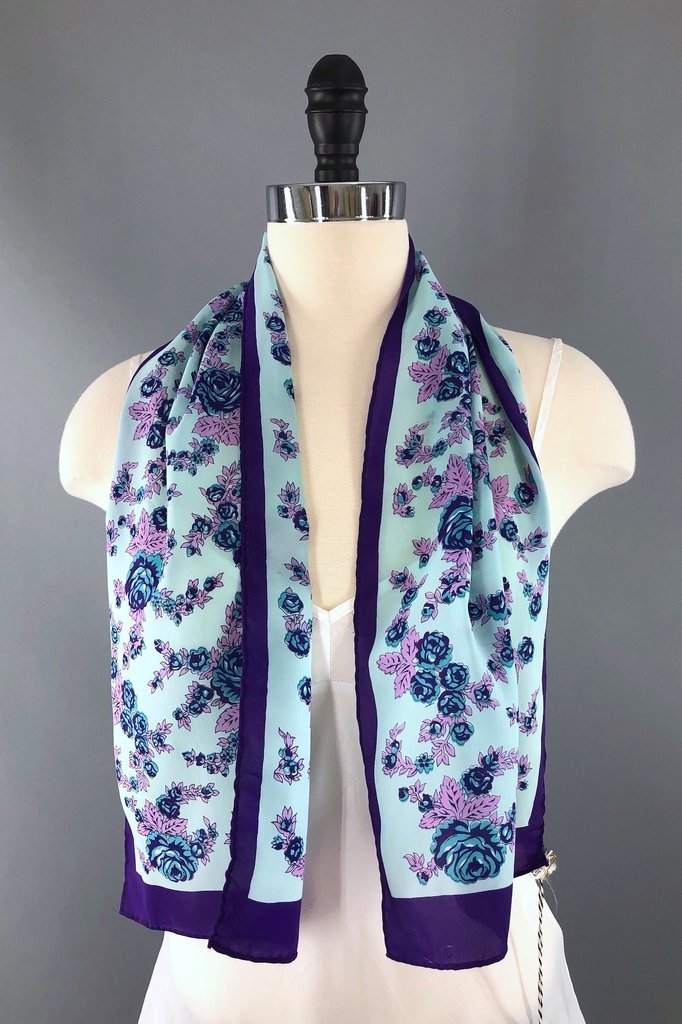 Vintage Aqua &amp; Purple Floral Print Scarf-ThisBlueBird - Modern Vintage