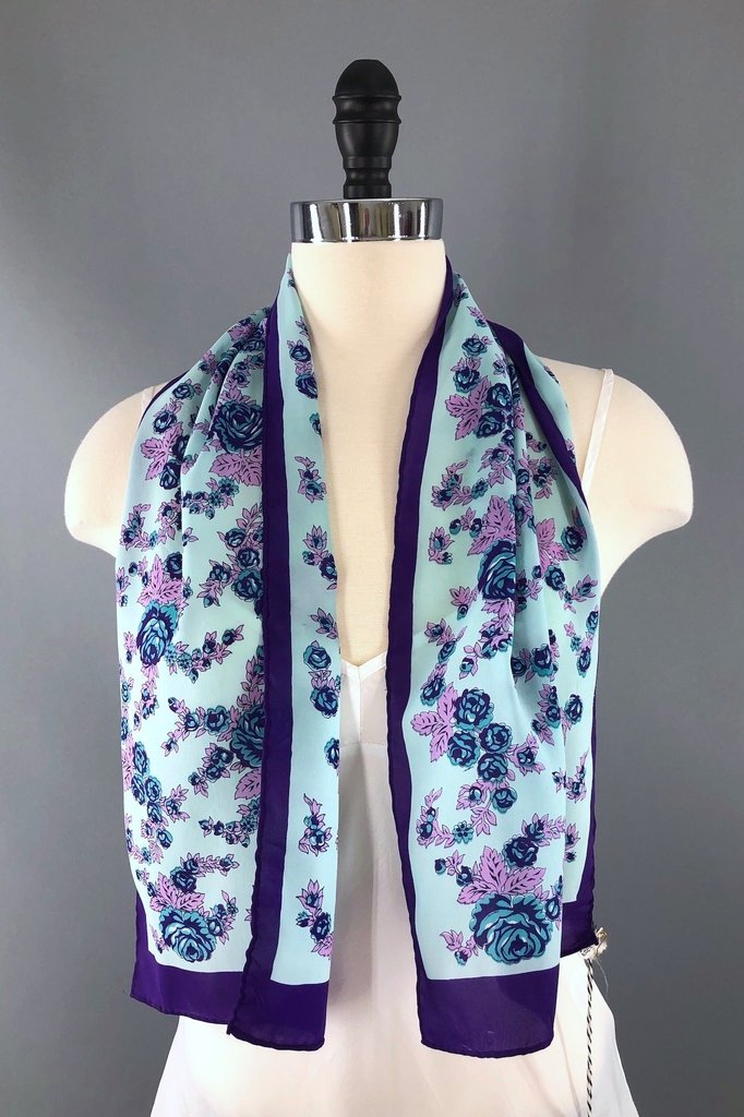 Vintage Aqua & Purple Floral Print Scarf-ThisBlueBird - Modern Vintage