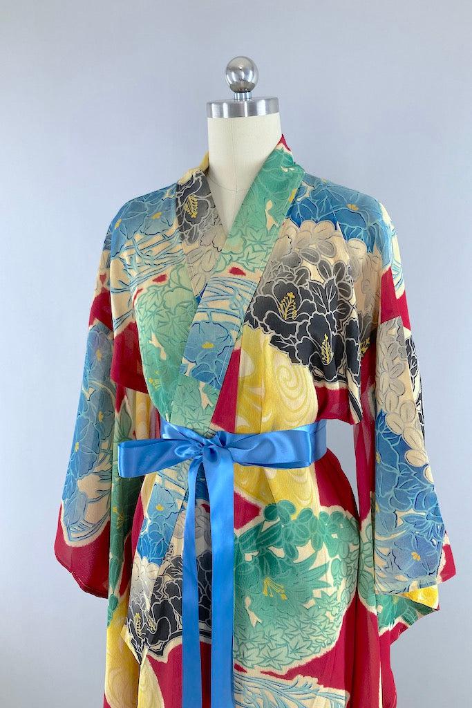 Vintage Art Nouveau Floral Silk Kimono Robe-ThisBlueBird
