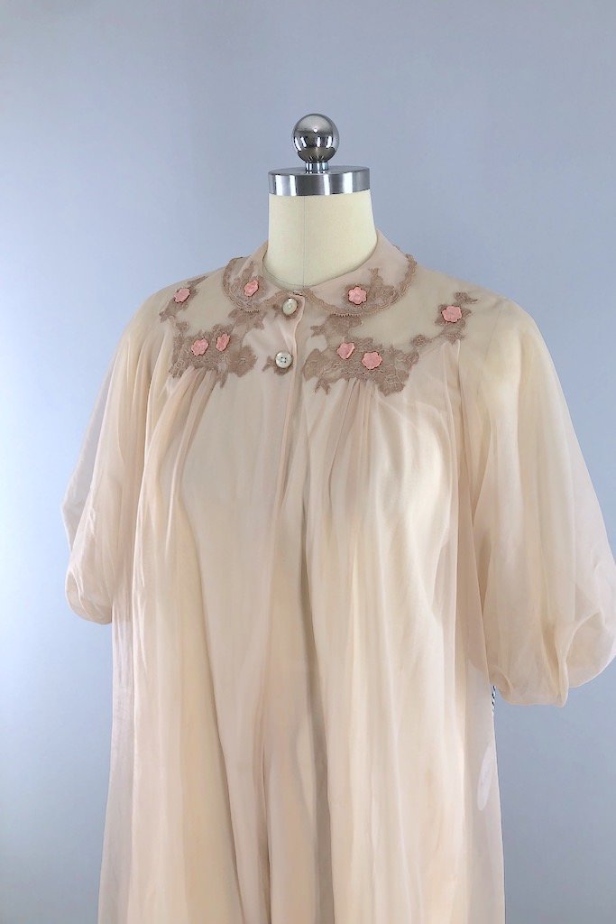 Vintage Beige Lace Chiffon Robe-ThisBlueBird - Modern Vintage