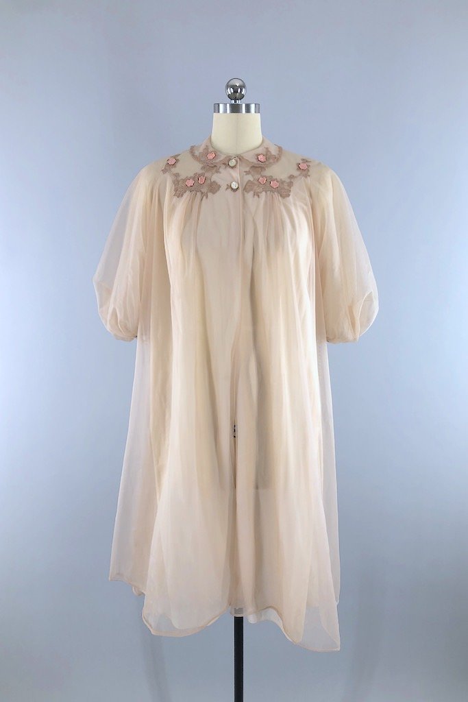 Vintage Beige Lace Chiffon Robe-ThisBlueBird - Modern Vintage