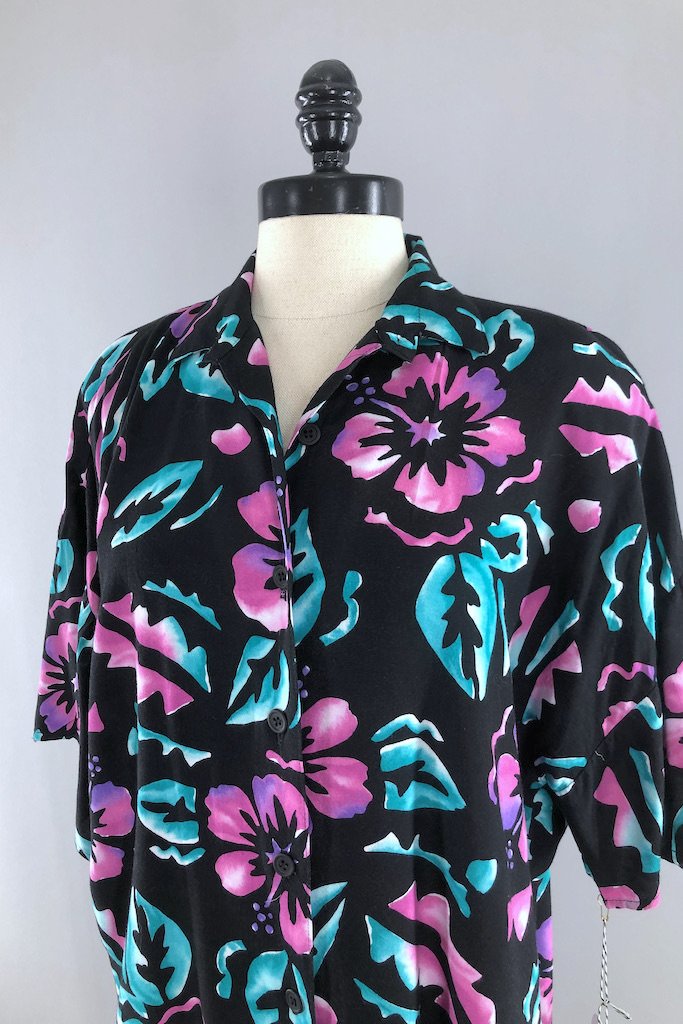 Vintage Black Batik Hawaiian Blouse-ThisBlueBird - Modern Vintage