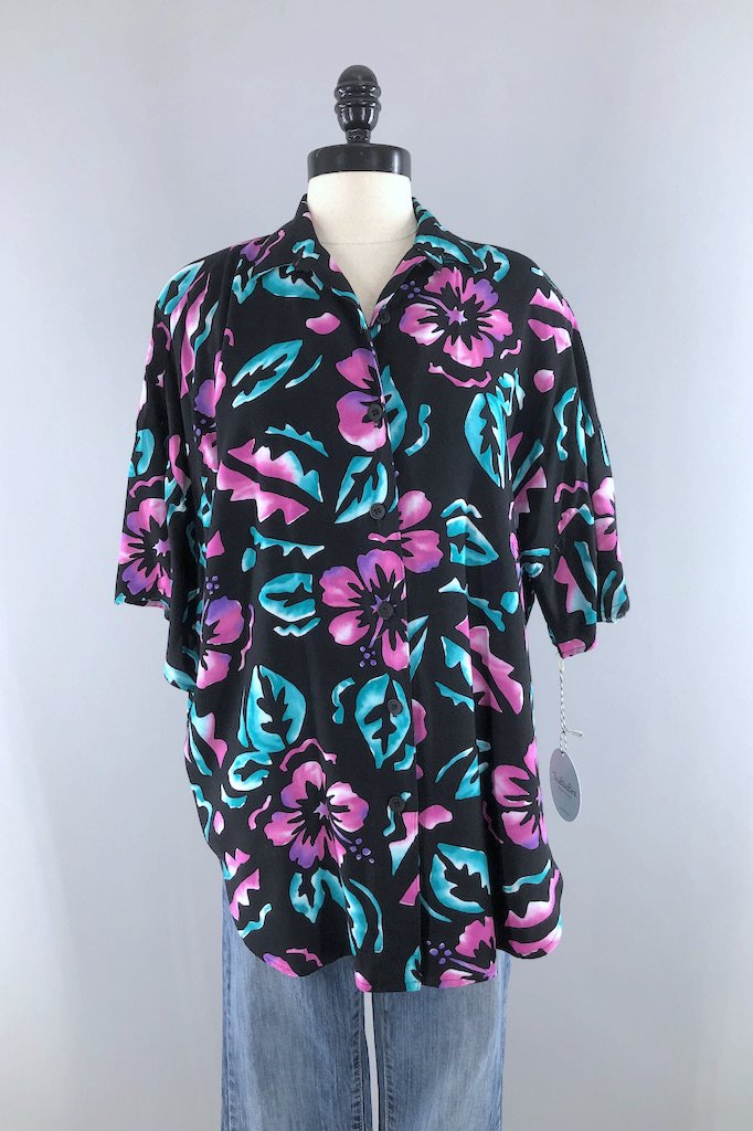 Vintage Black Batik Hawaiian Blouse-ThisBlueBird - Modern Vintage