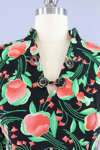 Vintage 1960s Mandarin Style Hostess Dress / Black Coral Floral Print - ThisBlueBird