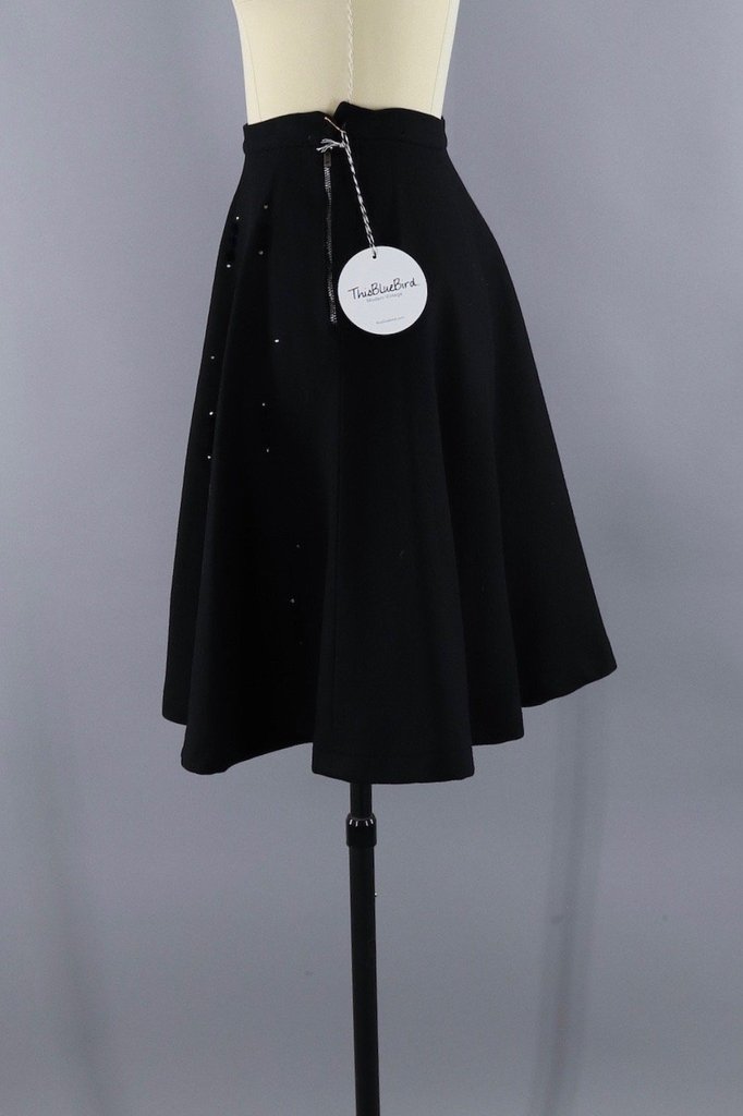 Vintage 1950s Black Felt Circle Skirt with Rhinestones - ThisBlueBird