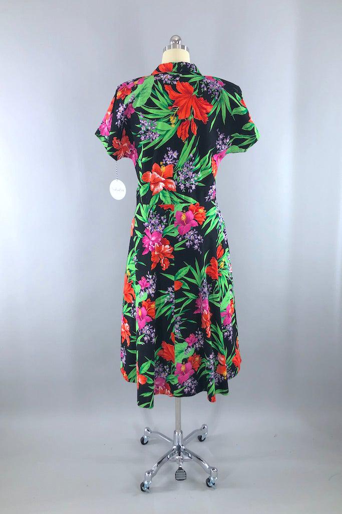 Vintage Black Floral Print Cotton Dress-ThisBlueBird