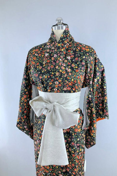 Vintage Black Floral Print Kimono Robe-ThisBlueBird