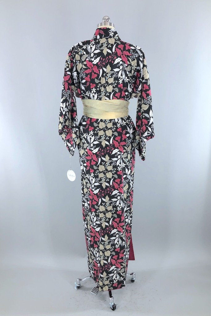 Vintage Black Floral Print Kimono Robe-ThisBlueBird - Modern Vintage