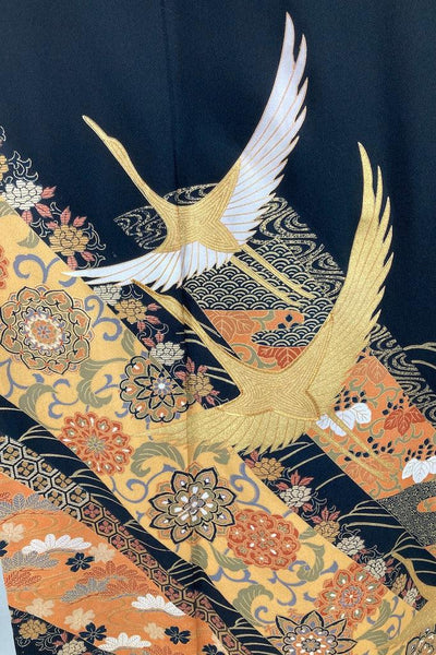 Vintage Black & Gold Cranes Silk Kimono Robe-ThisBlueBird