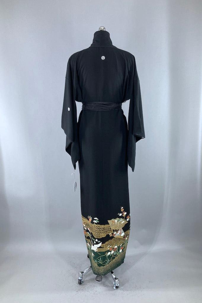 Vintage Black & Gold Cranes Silk Kimono Robe-ThisBlueBird